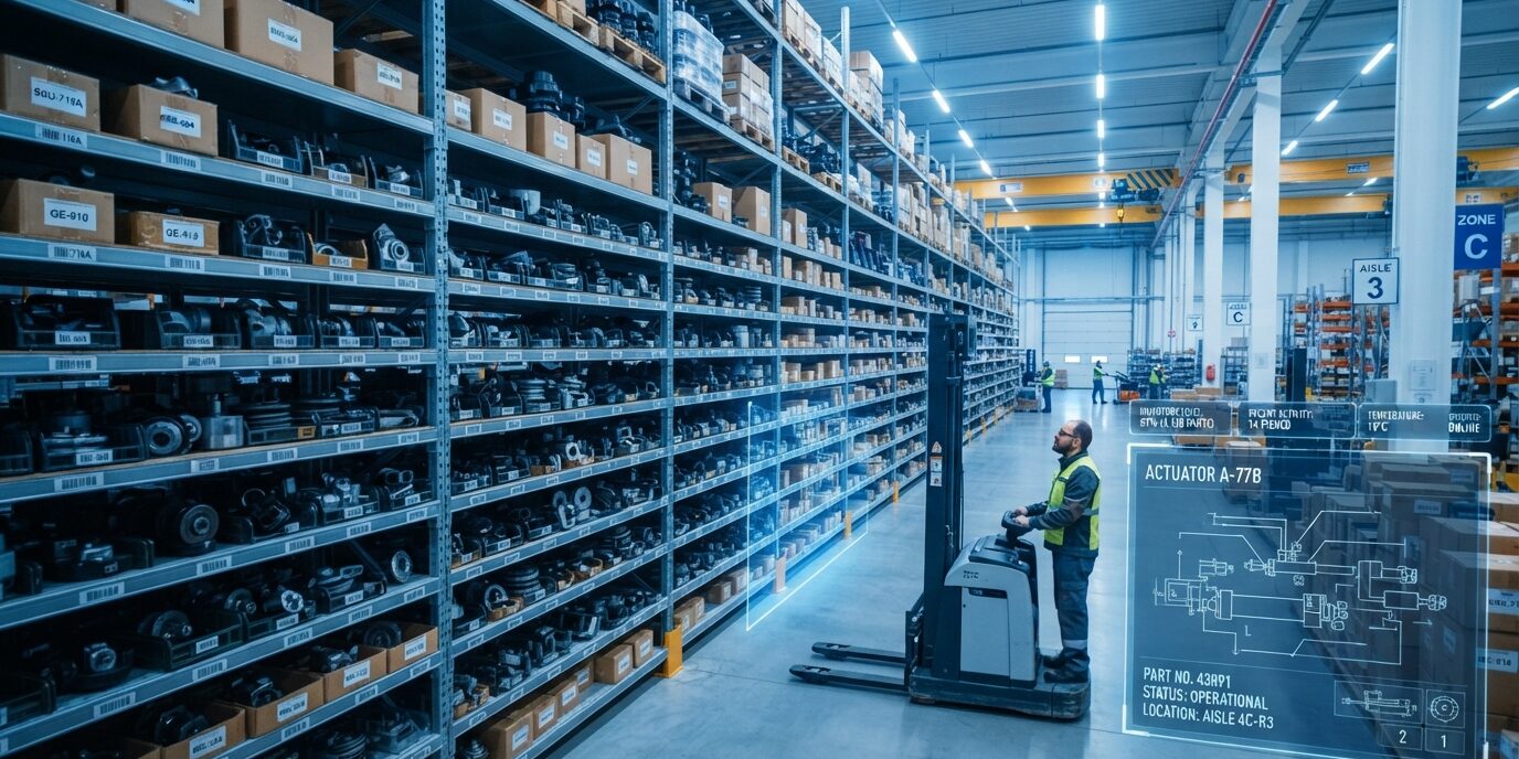 aiapg-1786529366-YlLVkh.jpg A modern industrial warehouse with high shelves containing mechanical spare parts, overlaid with a clean digital interface showing schematics and data visualizations, bright blue and white lighting, professional and technical atmosphere, 8k quality, photorealistic