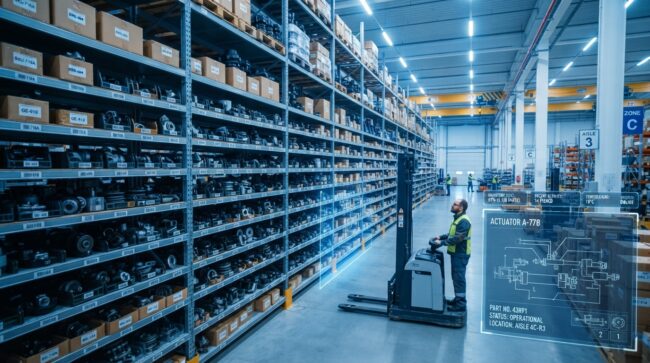 A modern industrial warehouse with high shelves containing mechanical spare parts, overlaid with a clean digital interface showing schematics and data visualizations, bright blue and white lighting, professional and technical atmosphere, 8k quality, photorealistic